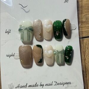 Green & Cream Handmade Press-On Nail Set with Bow Accent size medium